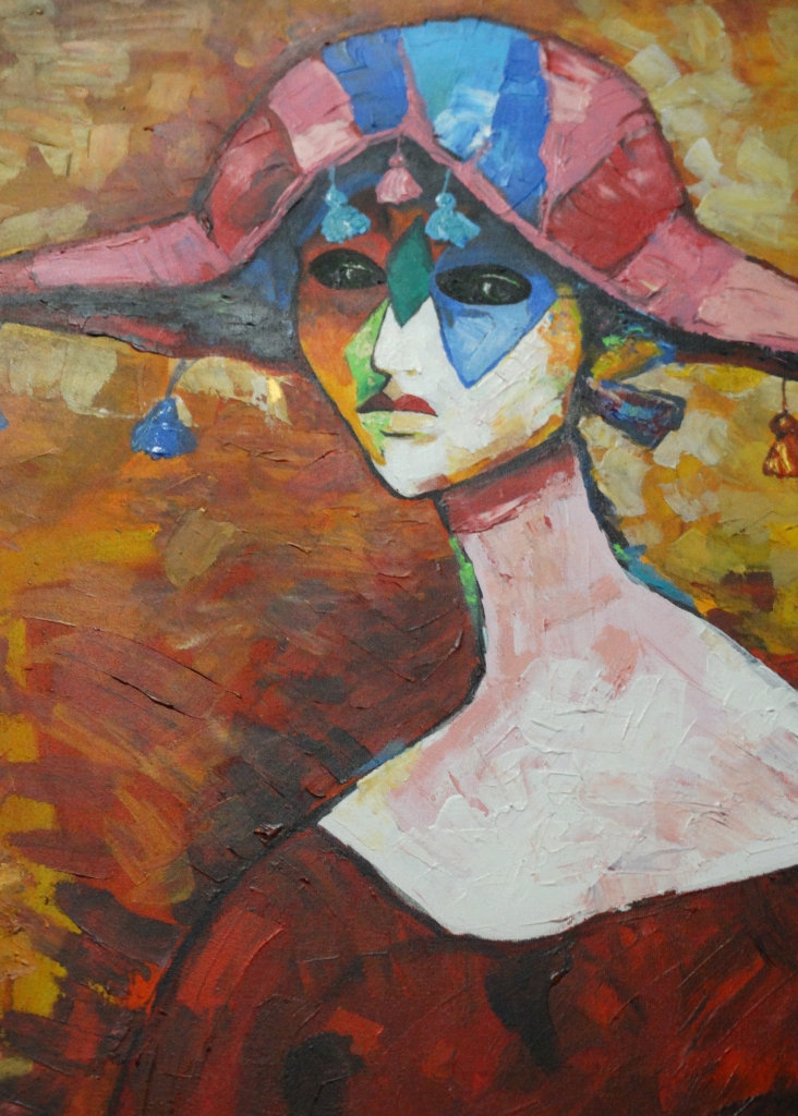obraz przedstawiający kobietę w kapeluszu namalowany barwnymi plamami