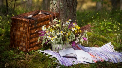 kosz piknikowy, książka i kwiaty