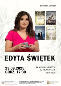 Edyta Świętek pisarka, plakat spotkania autorskiego
