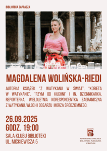 plakat na spotkanie Magdaleny Wolińskiej-Riedi, zdjęcie autorki