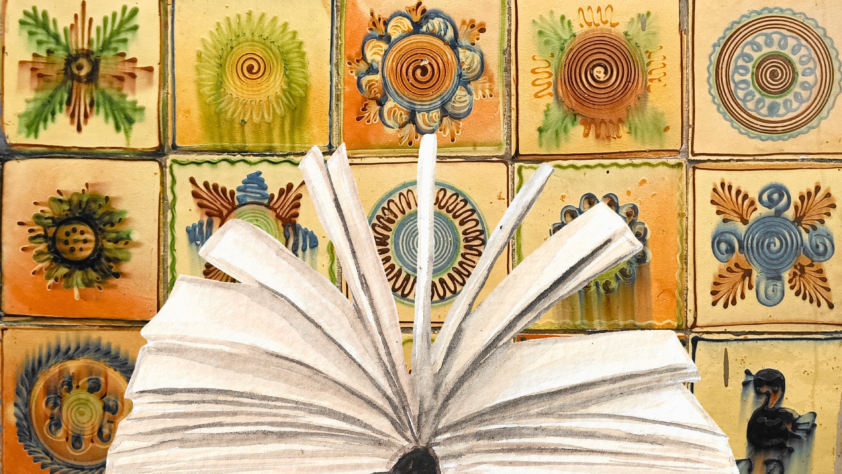 książka na tle kafelek